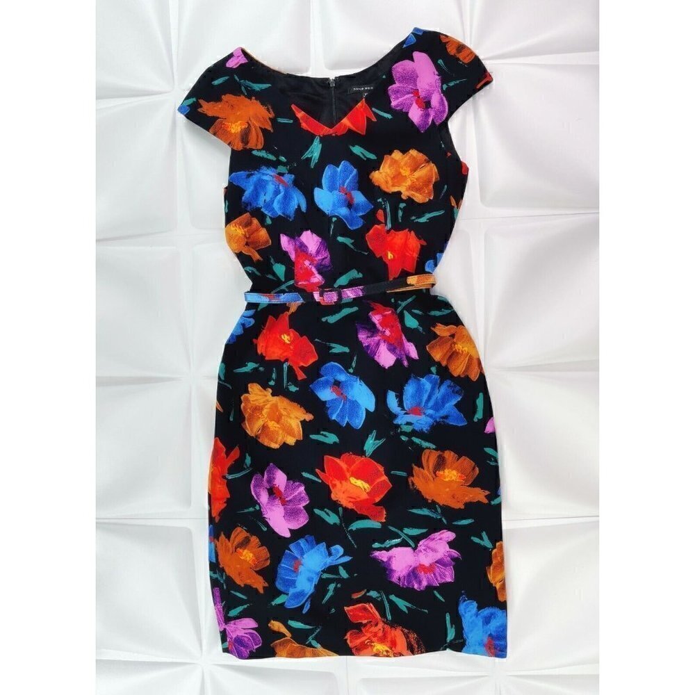 RARE David Meister Sz 10 Black Colorful Floral Belted Sheath Pencil Dress V Neck